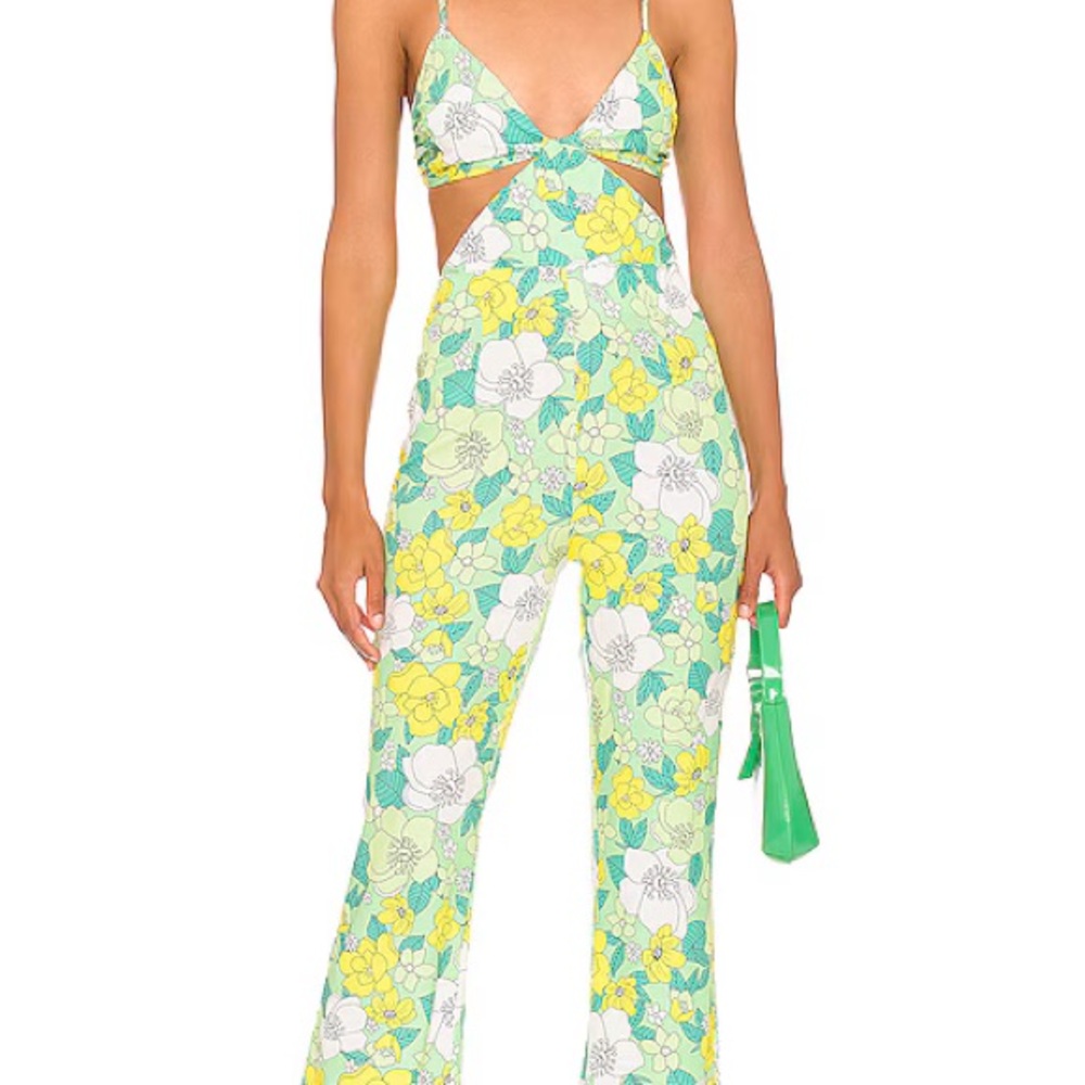 Floral Cutout Jumpsuit in Green and Yellow